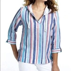 LL Bean Womens XL 100% Linen Hoodie Striped Washable 3/4 Sleeve Pullover Popover